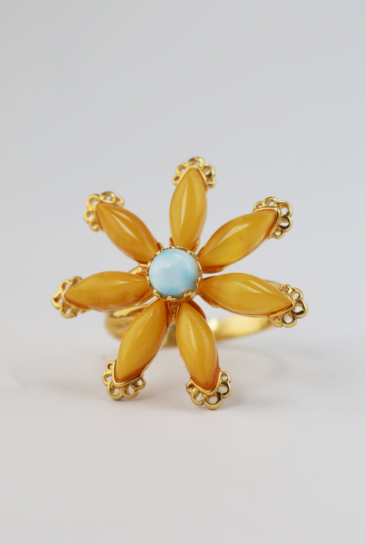 Deep Butterscotch Amber & Larimar Elegant Ring in Flower Shape in Gold Plated Silver
