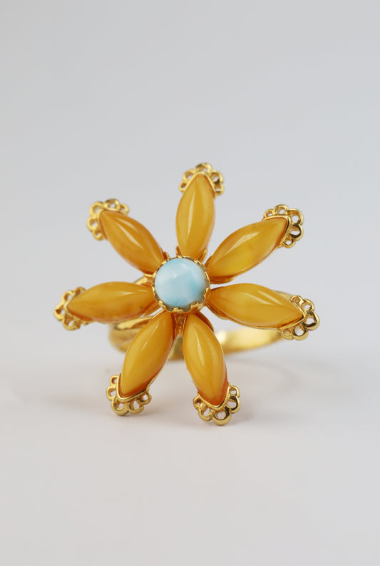 Deep Butterscotch Amber & Larimar Elegant Ring in Flower Shape in Gold Plated Silver