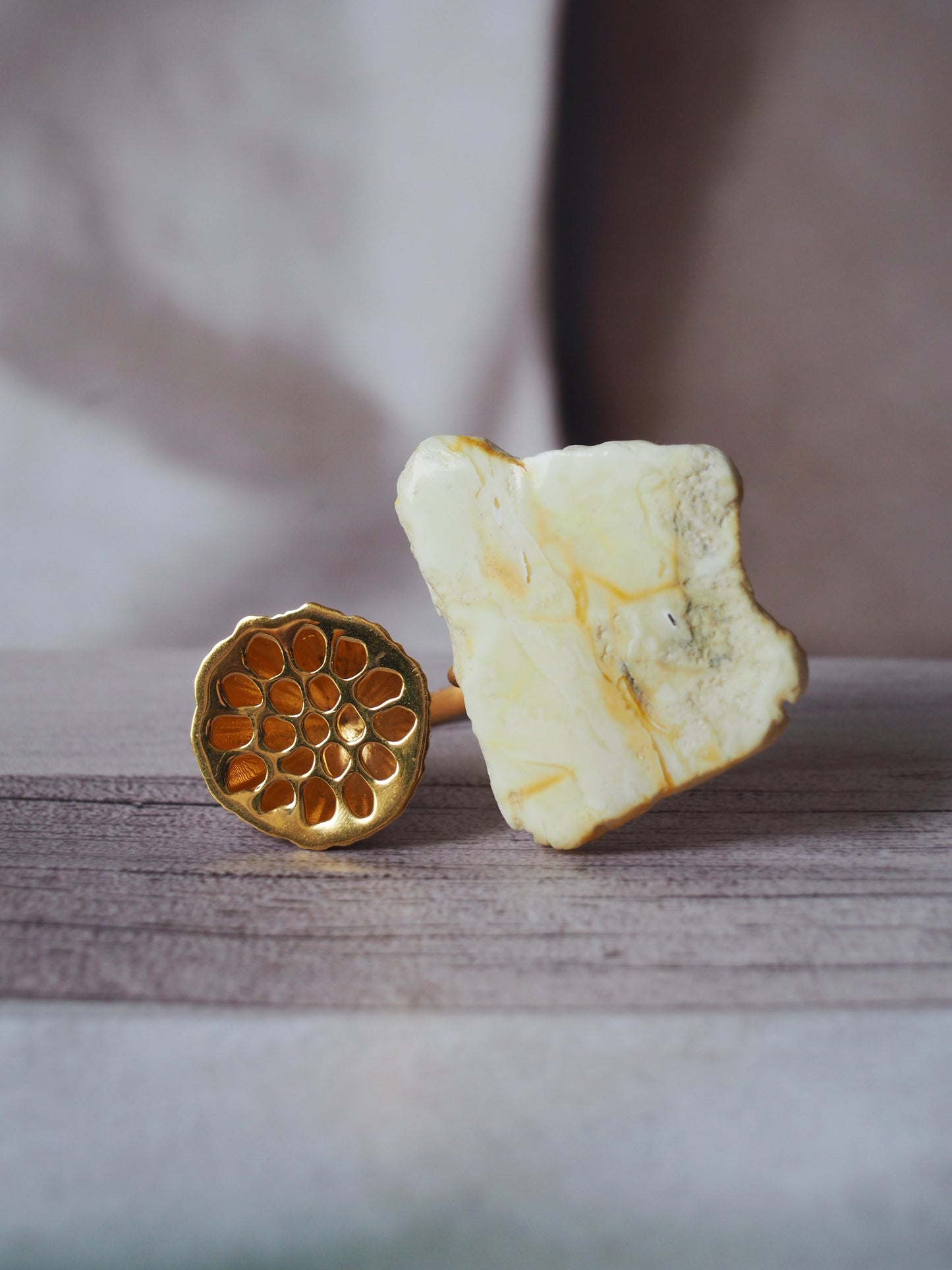 Irregular Raw Royal White Amber Ring in Matt 14k Gold Plated Silver Frame in Lotus Pod Shape