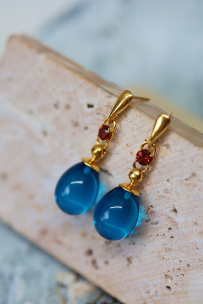 Blue Amber Olive Shape Dangling Earrings with Almandine Garnet in 14K Gold Plated Silver