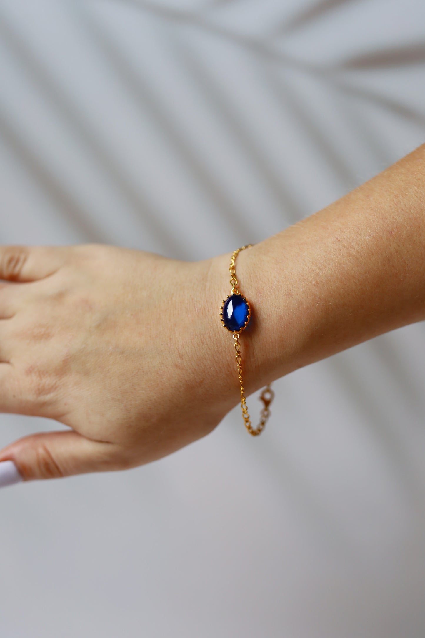 Olive Shape Blue Amber Chain Bracelet in Gold Plated Silver 925