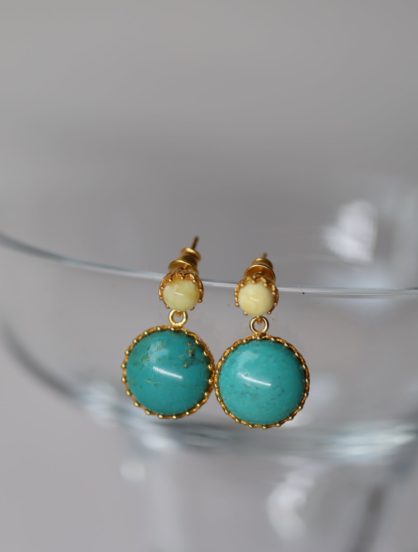 Milk Amber and Iranian Turquoise Dangling Earrings in Gold Plated Silver 925