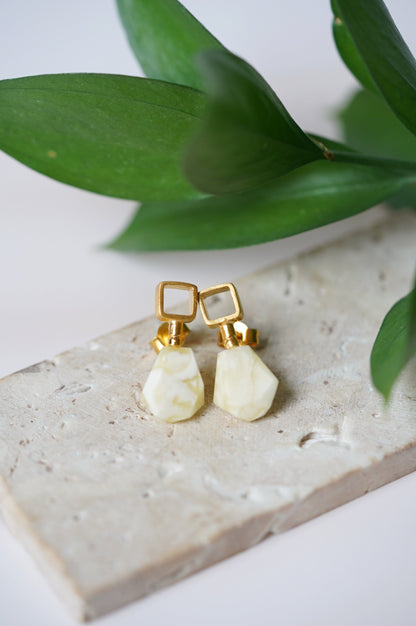 Geometrical Shaped Royal White Matt Amber Earrings in Gold Plated Silver