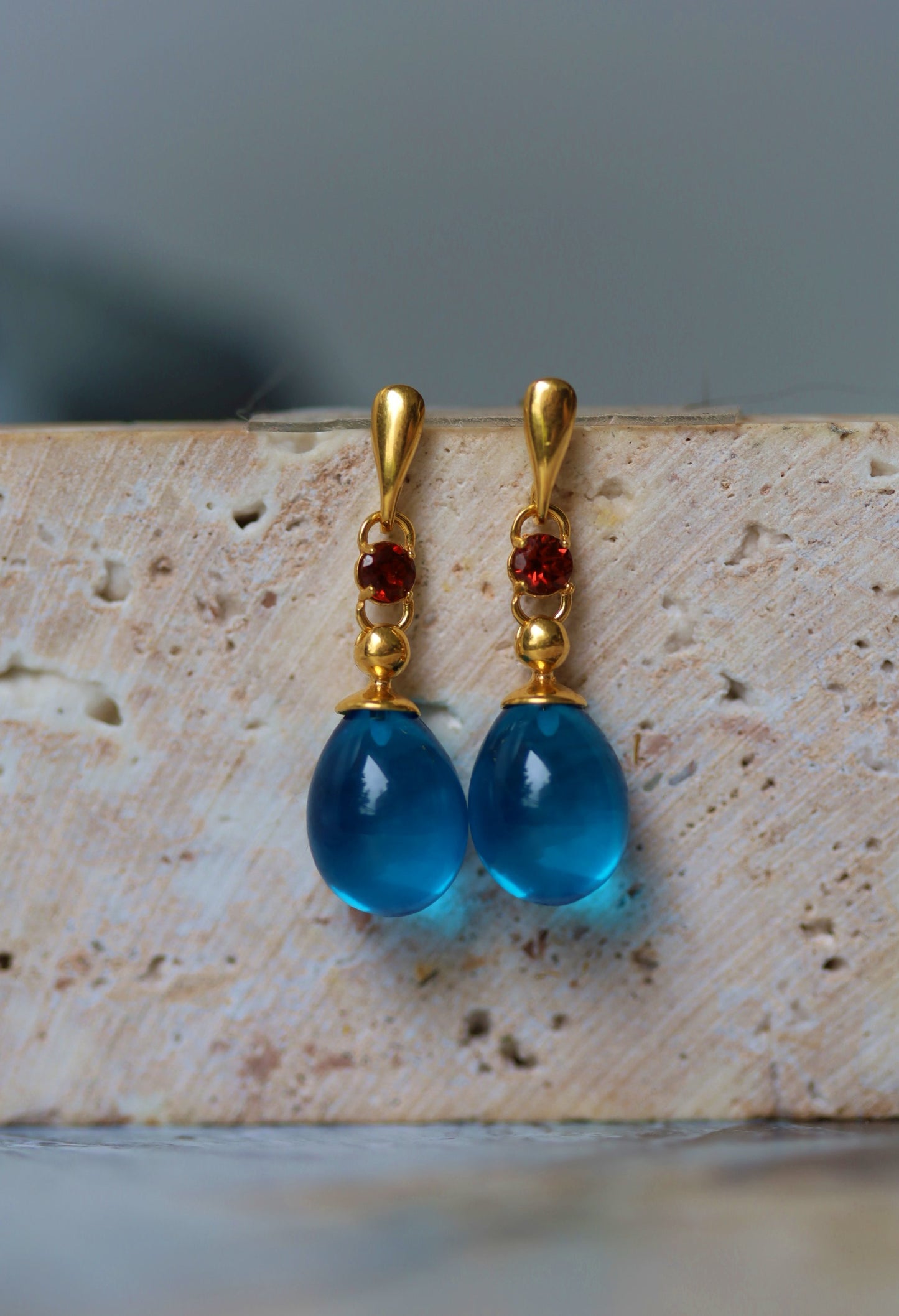 Blue Amber Olive Shape Dangling Earrings with Almandine Garnet in 14K Gold Plated Silver