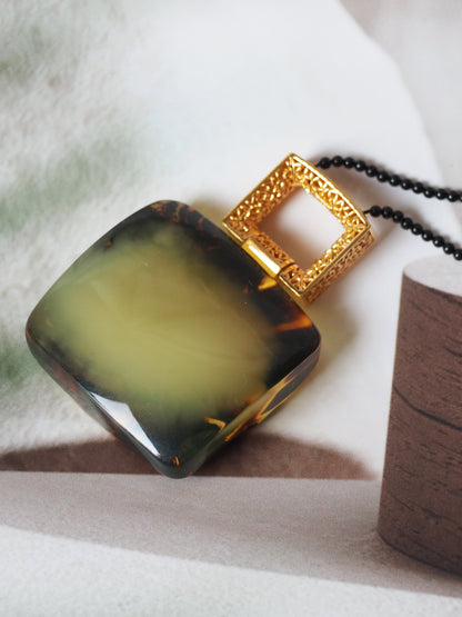 Huge Green Amber Necklace with Black Onyx Necklace and Gold Plated Frame