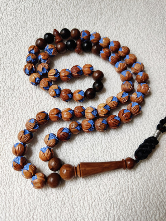 Handpainted and Handcarved Peach Wood, Kokka Wood and Black Amber Tasbih 66 Beads