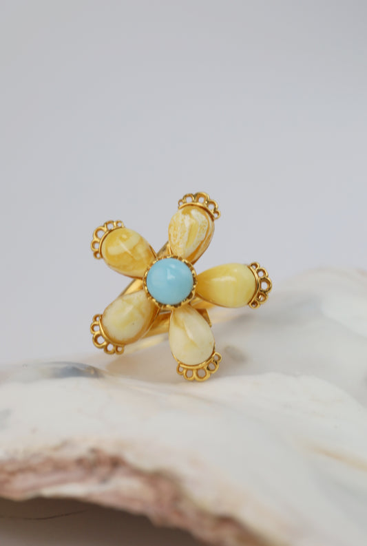 Royal White |Butterscotch Amber Flower Shape Ring with Larimar in Gold Plated Silver