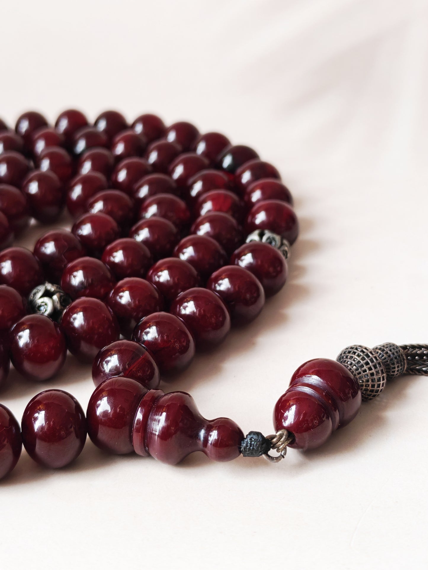 Antique Cherry Amber Faturan Misbah | 87 Beads | Damascus Material Turkish Craft