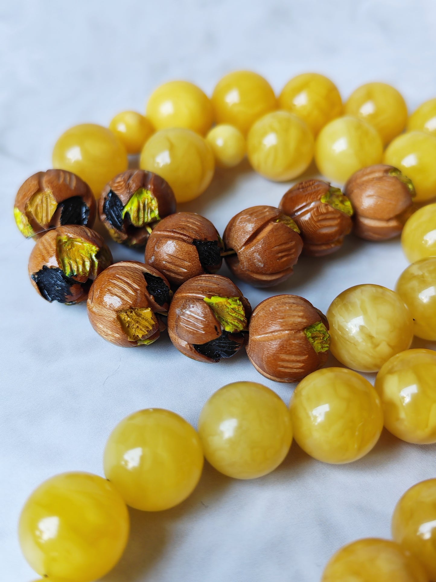 Natural Butterscotch Amber & Hand-Painted Peach Wood Tasbih – 45 Beads