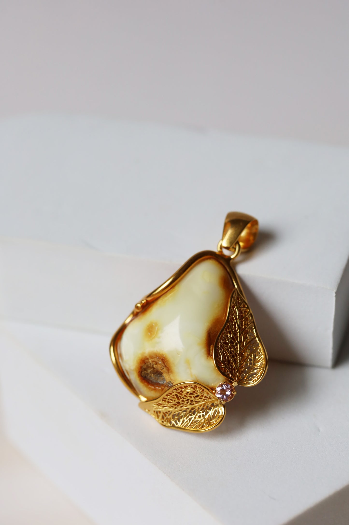 Natural Royal White Amber Pendant in Gold Plated Silver with Amethyst