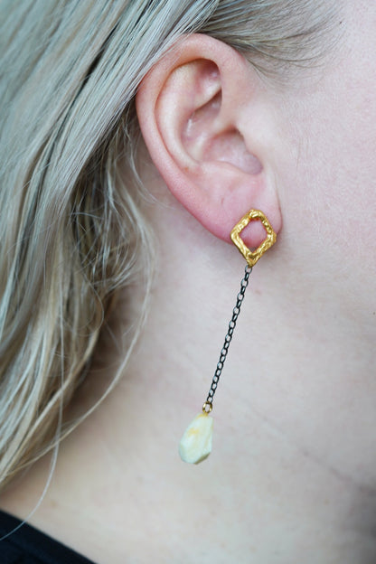 Geometric White Amber Dangling Earrings in 14K Gold Plated And Rhodium Plated Silver