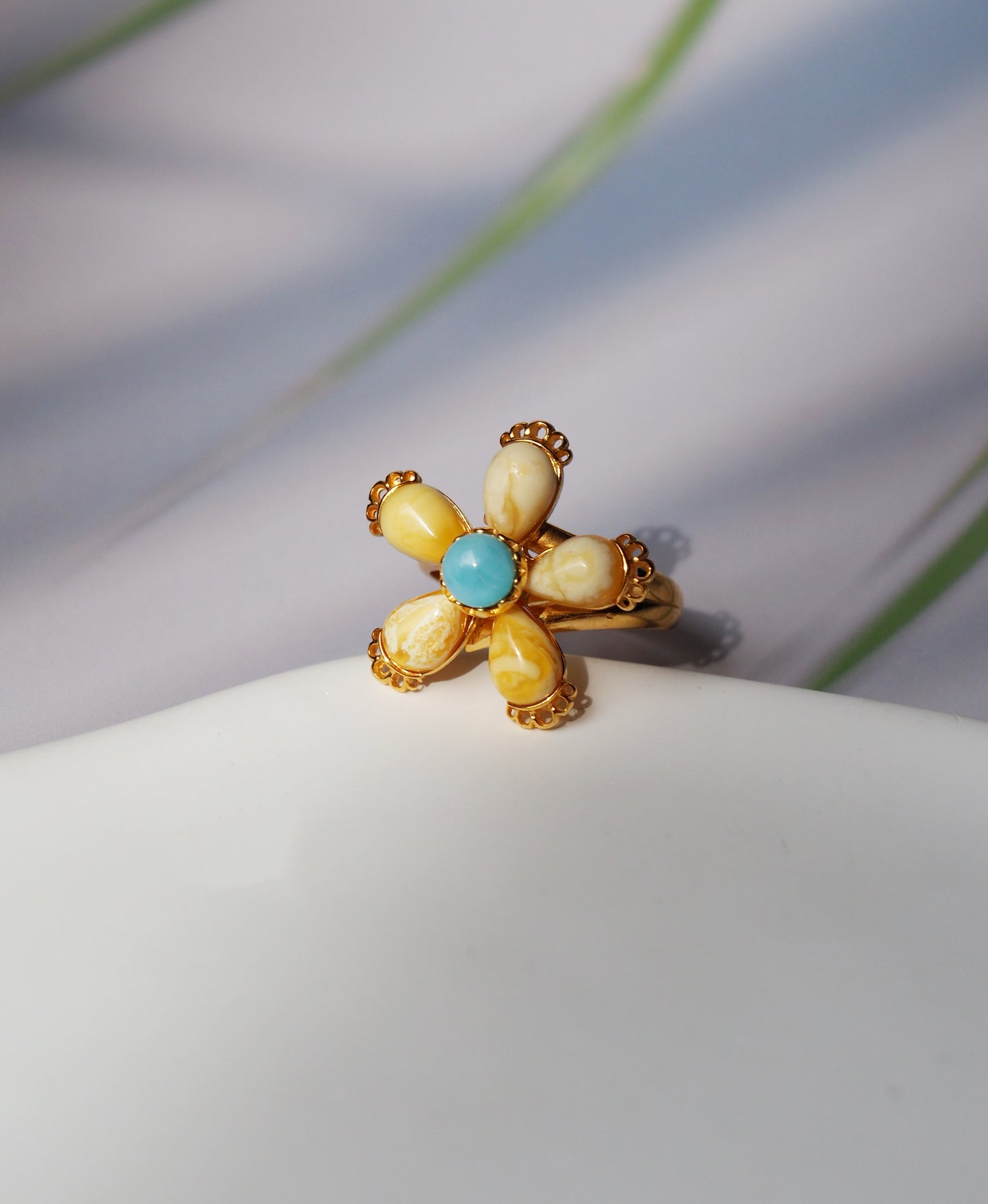 Royal White |Butterscotch Amber Flower Shape Ring with Larimar in Gold Plated Silver