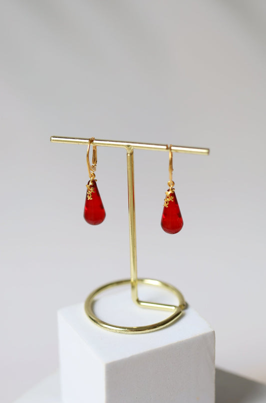 Red Tear Shaped Amber Earrings in Gold Plated Silver