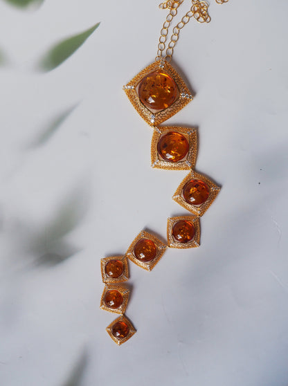 Unique Square Long Necklace with Cognac Amber and Cubic Zirconias in Gold Plated Silver