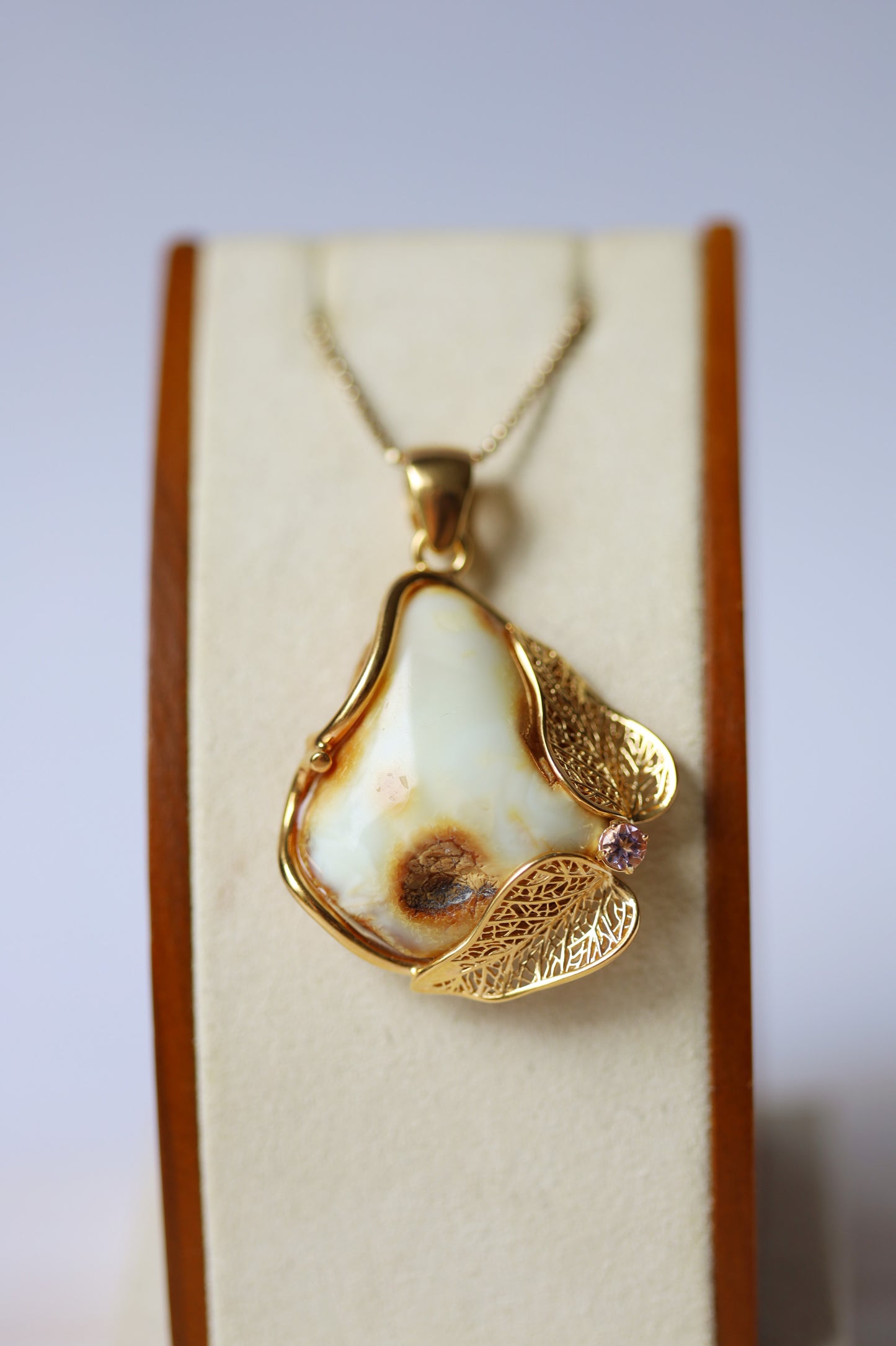 Natural Royal White Amber Pendant in Gold Plated Silver with Amethyst