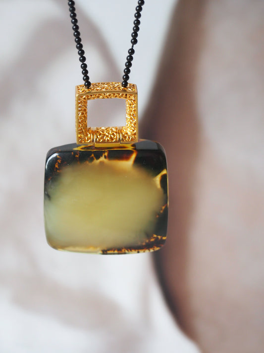 Huge Green Amber Necklace with Black Onyx Necklace and Gold Plated Frame