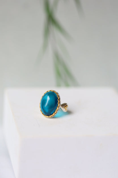 Blue Oval Amber Ring in Silver and Gold Plated Silver Frame