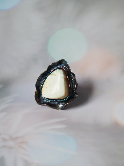 Pure Royal White Amber Ring with Oxidized Silver 925 with Blue Hue