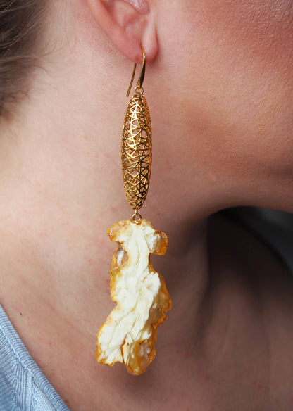 Unique Huge Raw Royal White Amber Dangling Earrings with Gold Plated Silver Cages