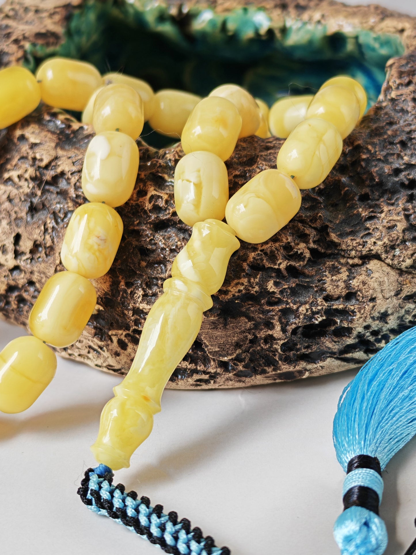 Bright Milk With Honey Inclusions Amber Rosary – 33 Barrel Beads | Unique Long Imam