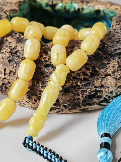 Bright Milk With Honey Inclusions Amber Rosary – 33 Barrel Beads | Unique Long Imam