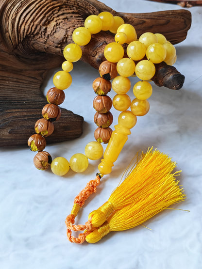 Natural Butterscotch Amber & Hand-Painted Peach Wood Tasbih – 45 Beads