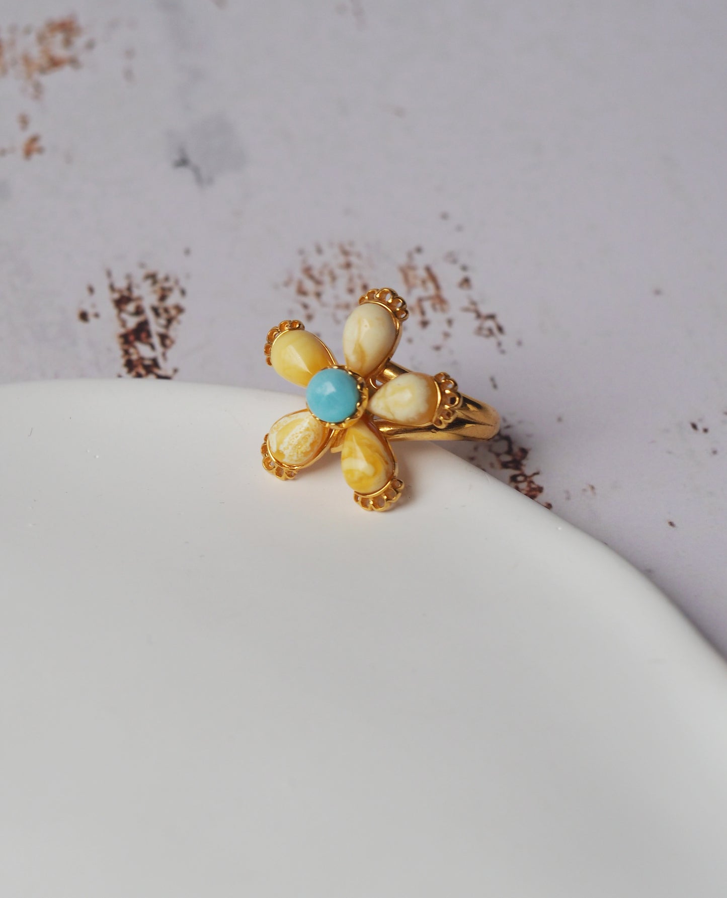 Royal White |Butterscotch Amber Flower Shape Ring with Larimar in Gold Plated Silver