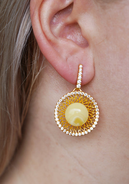 Supertree inspired Dangling Stud Earrings with Royal White Amber and Cubic Zirconias in Gold Plated Silver