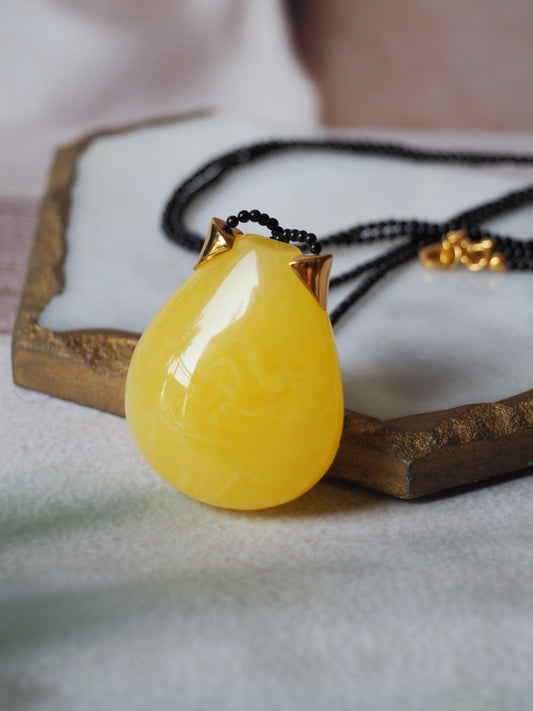 Huge Cat Shaped Natural Butterscotch Amber Pendant with Black Onyx Chain and Gold Plated Silver