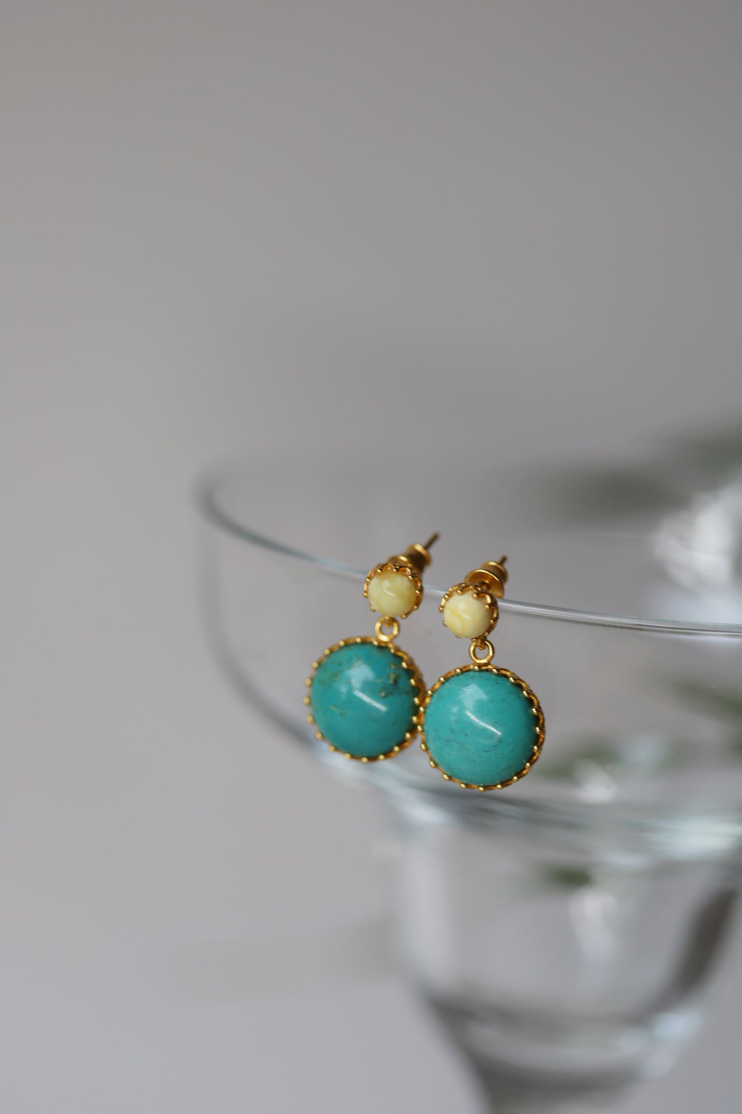 Milk Amber and Iranian Turquoise Dangling Earrings in Gold Plated Silver 925