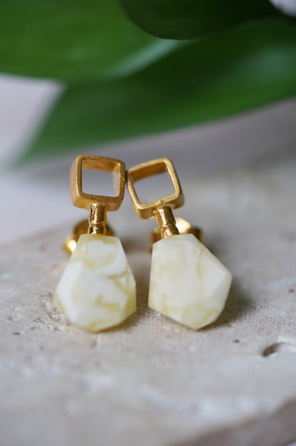 Geometrical Shaped Royal White Matt Amber Earrings in Gold Plated Silver