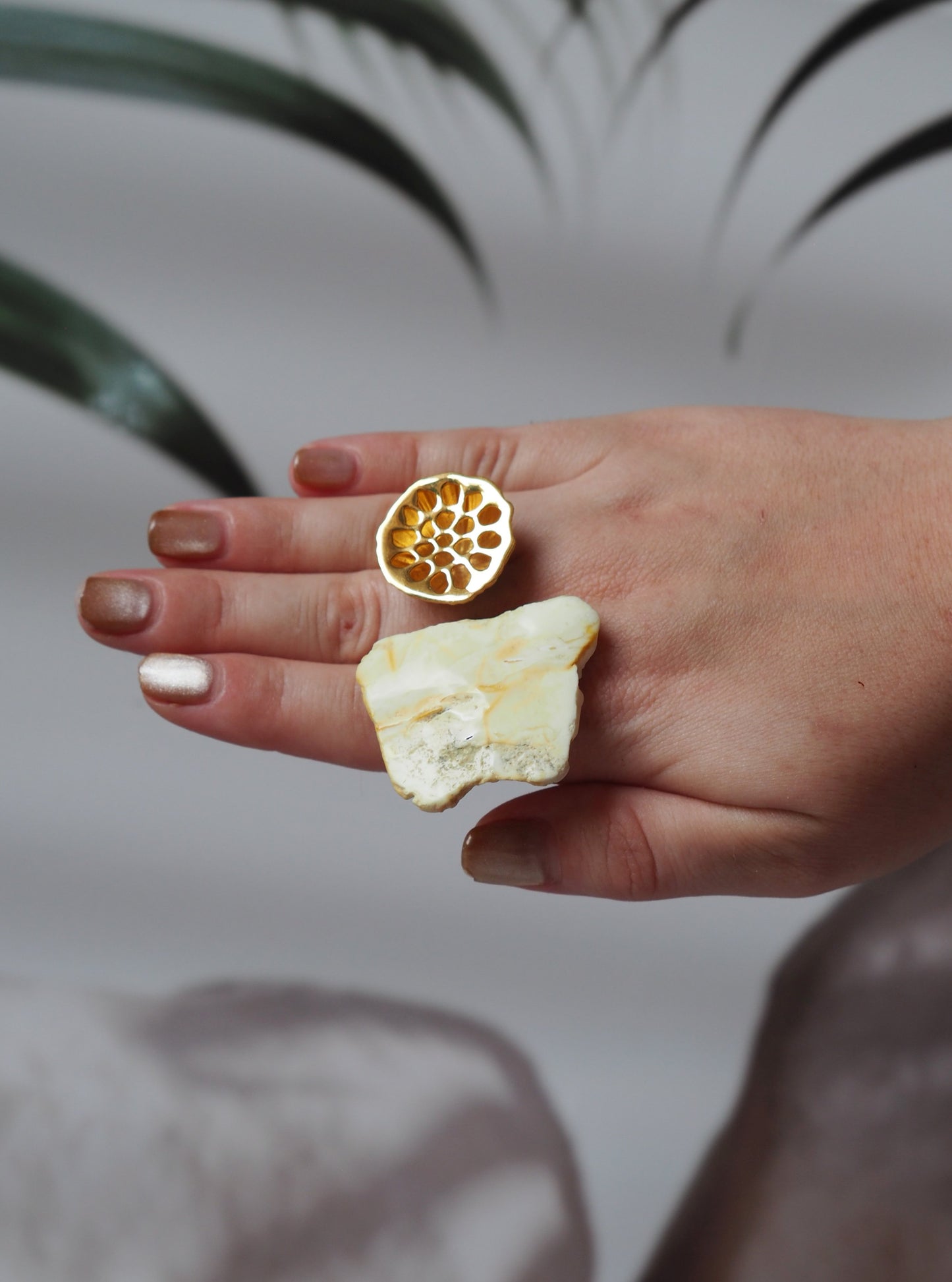 Irregular Raw Royal White Amber Ring in Matt 14k Gold Plated Silver Frame in Lotus Pod Shape