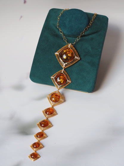 Unique Square Long Necklace with Cognac Amber and Cubic Zirconias in Gold Plated Silver