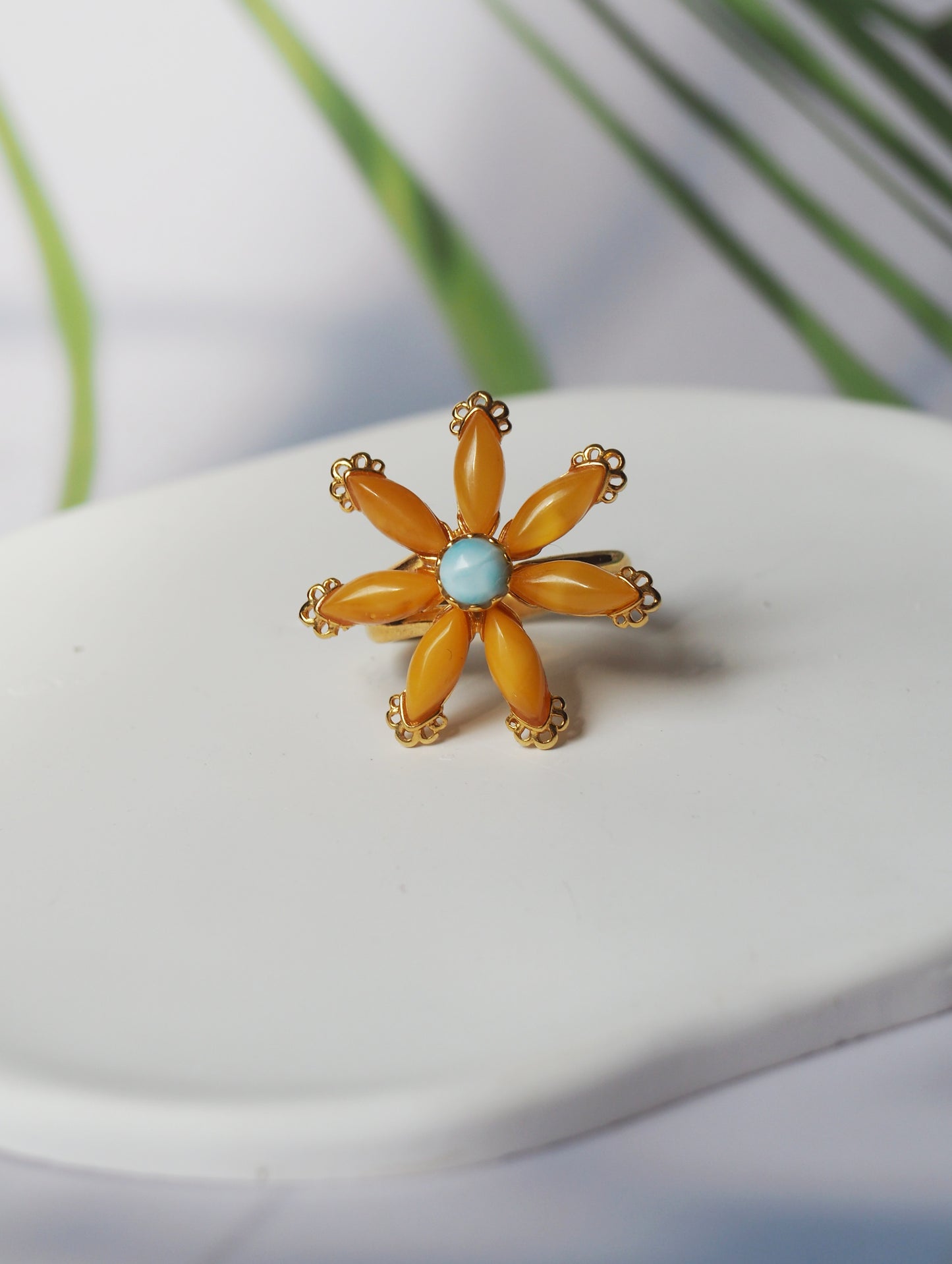 Deep Butterscotch Amber & Larimar Elegant Ring in Flower Shape in Gold Plated Silver
