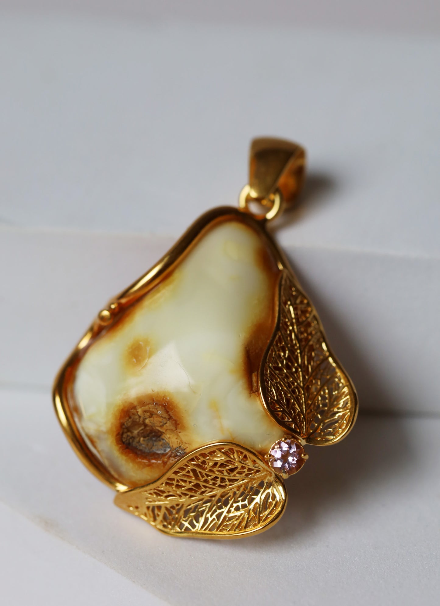 Natural Royal White Amber Pendant in Gold Plated Silver with Amethyst