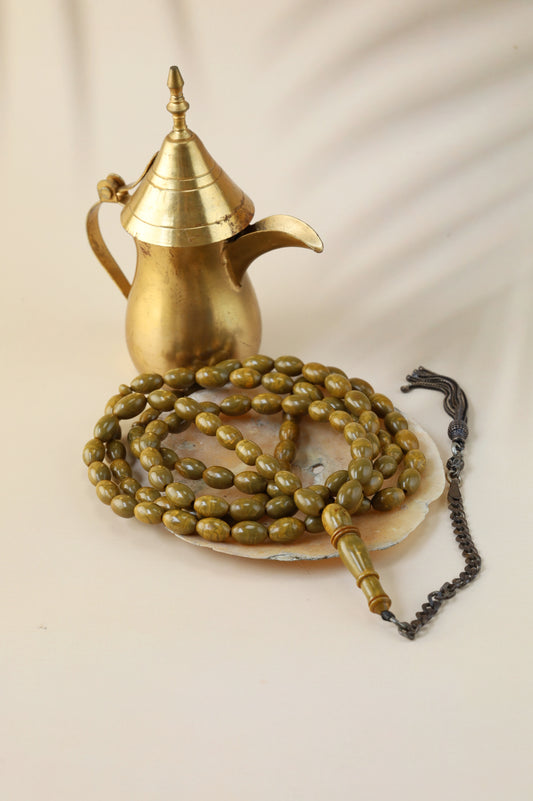 Olive Green Antique American Bakelite with Yellow Veins and Silver Tassel Tasbih 99 Beads