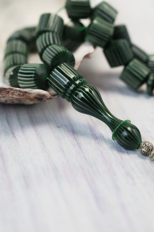 Dark Green 'Watermelon' Striped French Galalith Tasbih 37 Beads