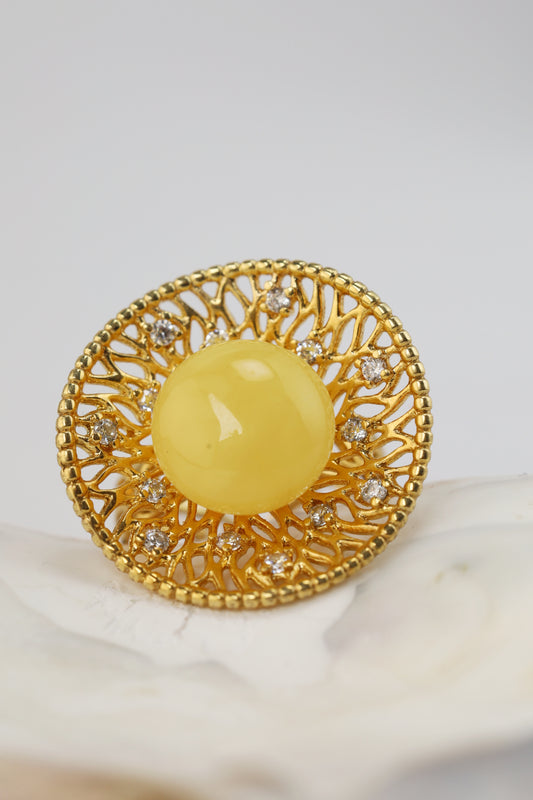Supertree Ring with Royal White Amber and Cubic Zirconias in Gold Plated Silver