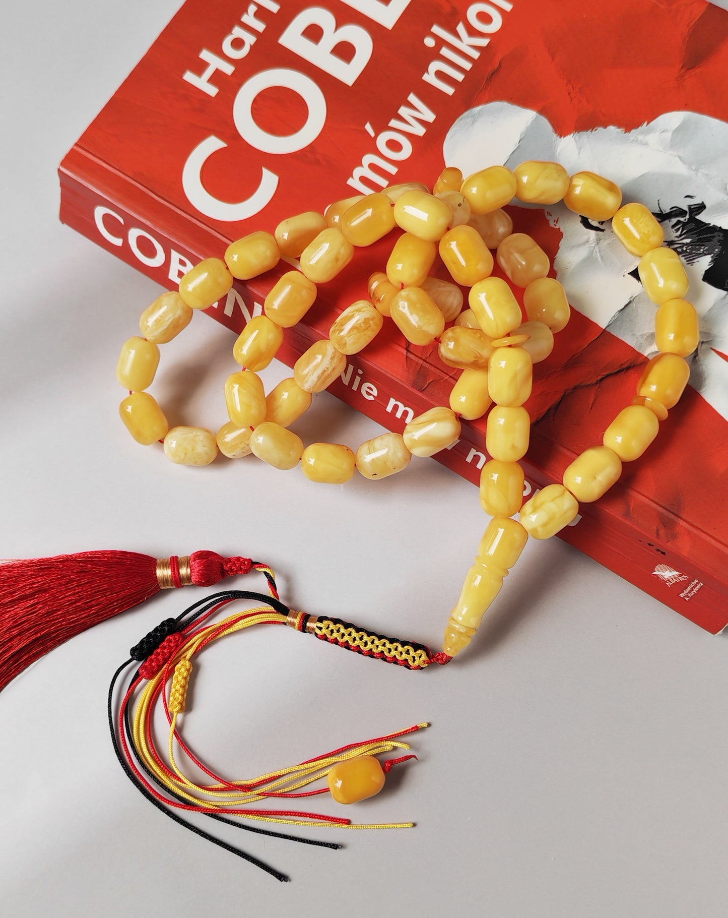 Mature Butterscotch Amber Rosary – 49 Barrel Beads | Deep Honey Accents