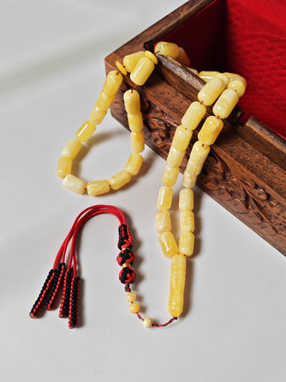 Natural Tiger Pattern Barrel Shape Pocket Size Amber Misbah | 42 Beads