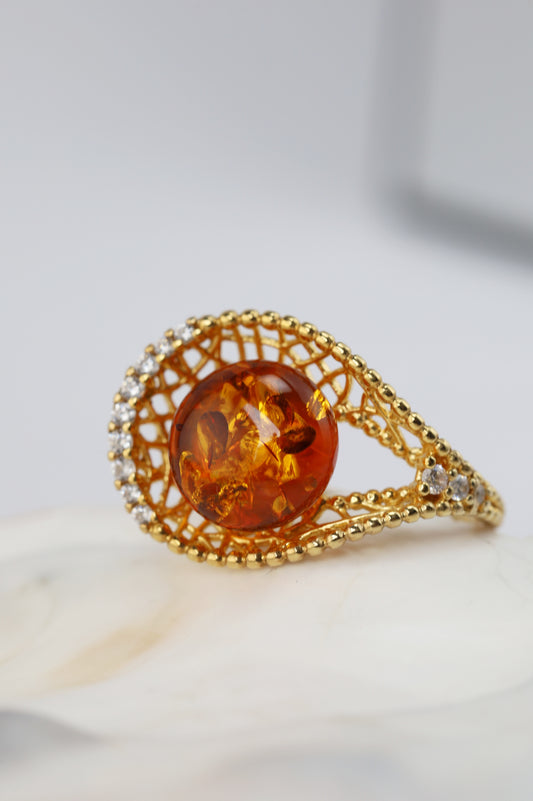 Tear Shaped Cognac Amber Adjustable Ring in Gold Plated Silver with Zirconias