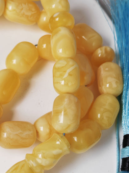 Bright Milk With Honey Inclusions Amber Rosary – 33 Barrel Beads | Unique Long Imam