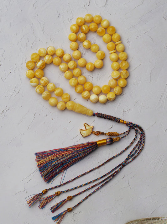 Newly Crafted Light Milk & Tiger Pattern Amber Tasbih – 66 Beads | 9.5 mm | with Horse Charm