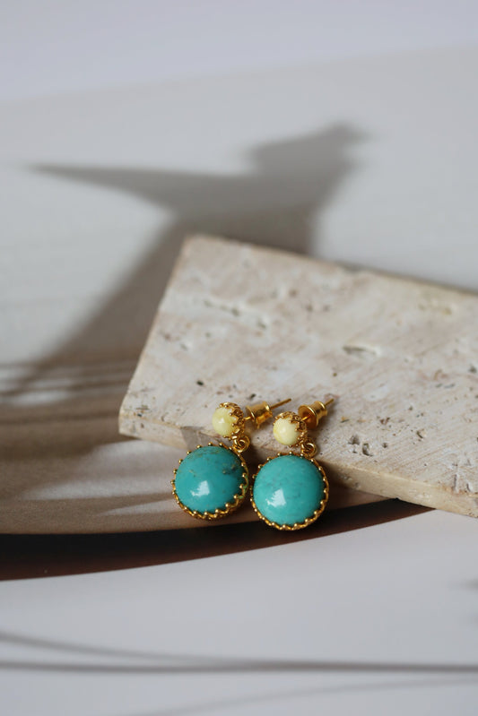Milk Amber and Iranian Turquoise Dangling Earrings in Gold Plated Silver 925