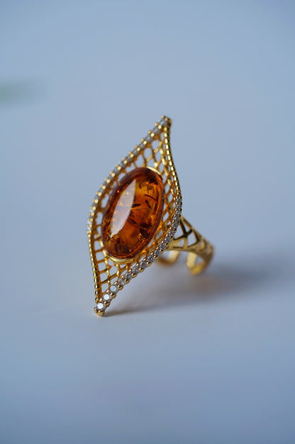Marquise Shape Ring with Natural Cognac Amber and Cubic Zirconias in Gold Plated Silver