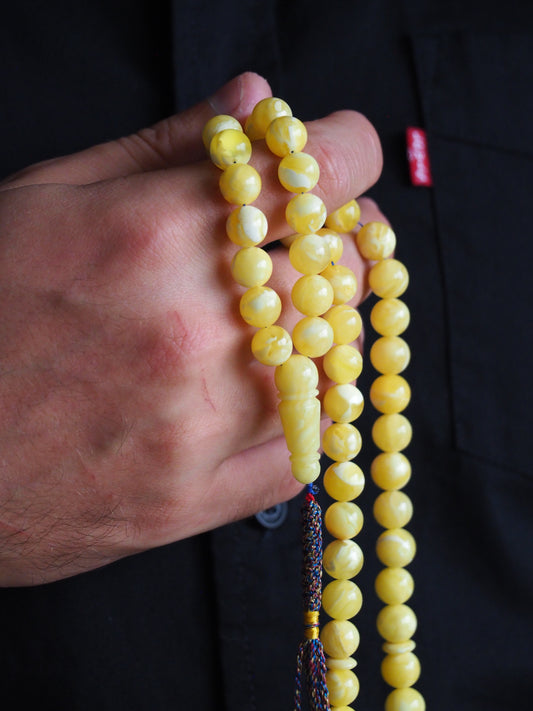 Newly Crafted Light Milk & Tiger Pattern Amber Tasbih – 66 Beads | 9.5 mm | with Horse Charm