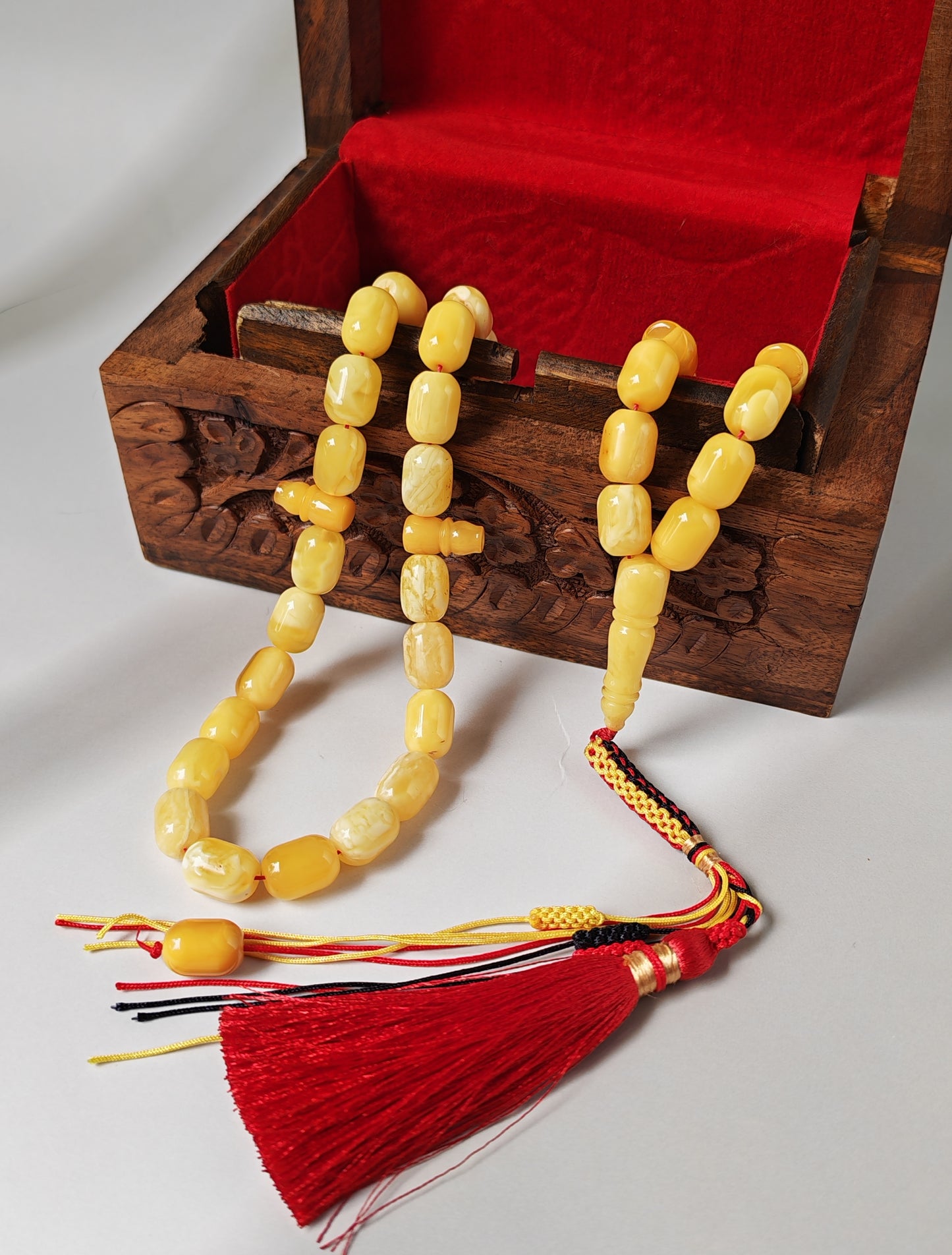 Mature Butterscotch Amber Rosary – 49 Barrel Beads | Deep Honey Accents