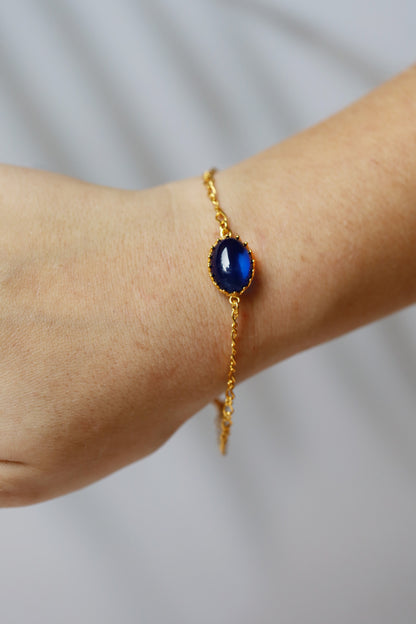 Olive Shape Blue Amber Chain Bracelet in Gold Plated Silver 925