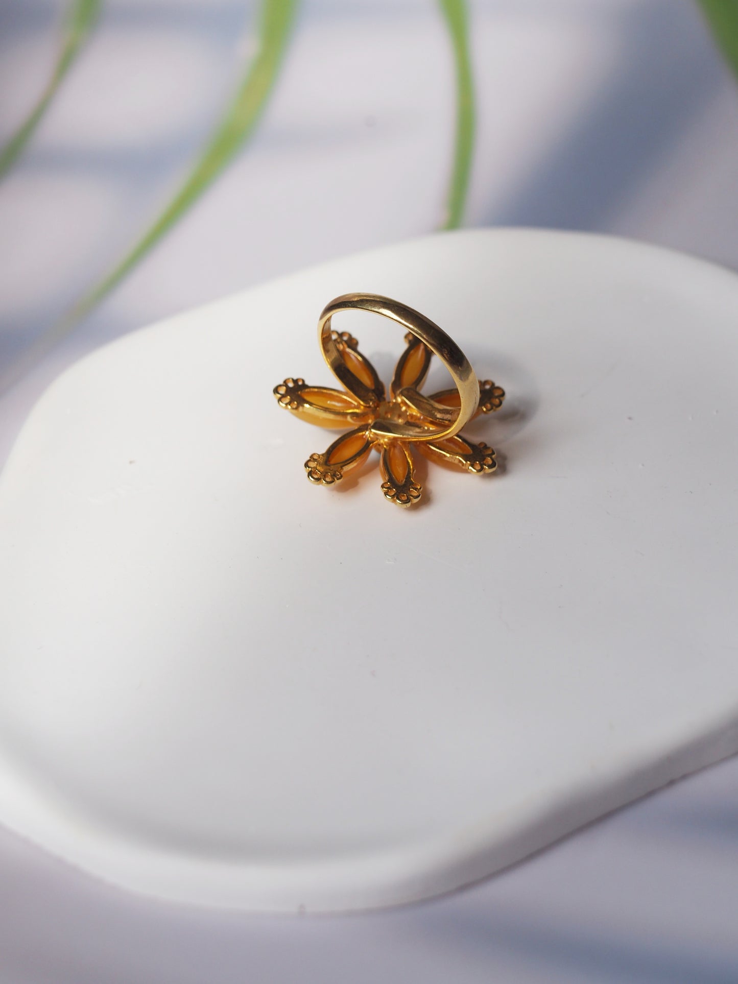 Deep Butterscotch Amber & Larimar Elegant Ring in Flower Shape in Gold Plated Silver