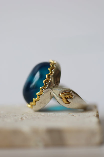 Blue Oval Amber Ring in Silver and Gold Plated Silver Frame